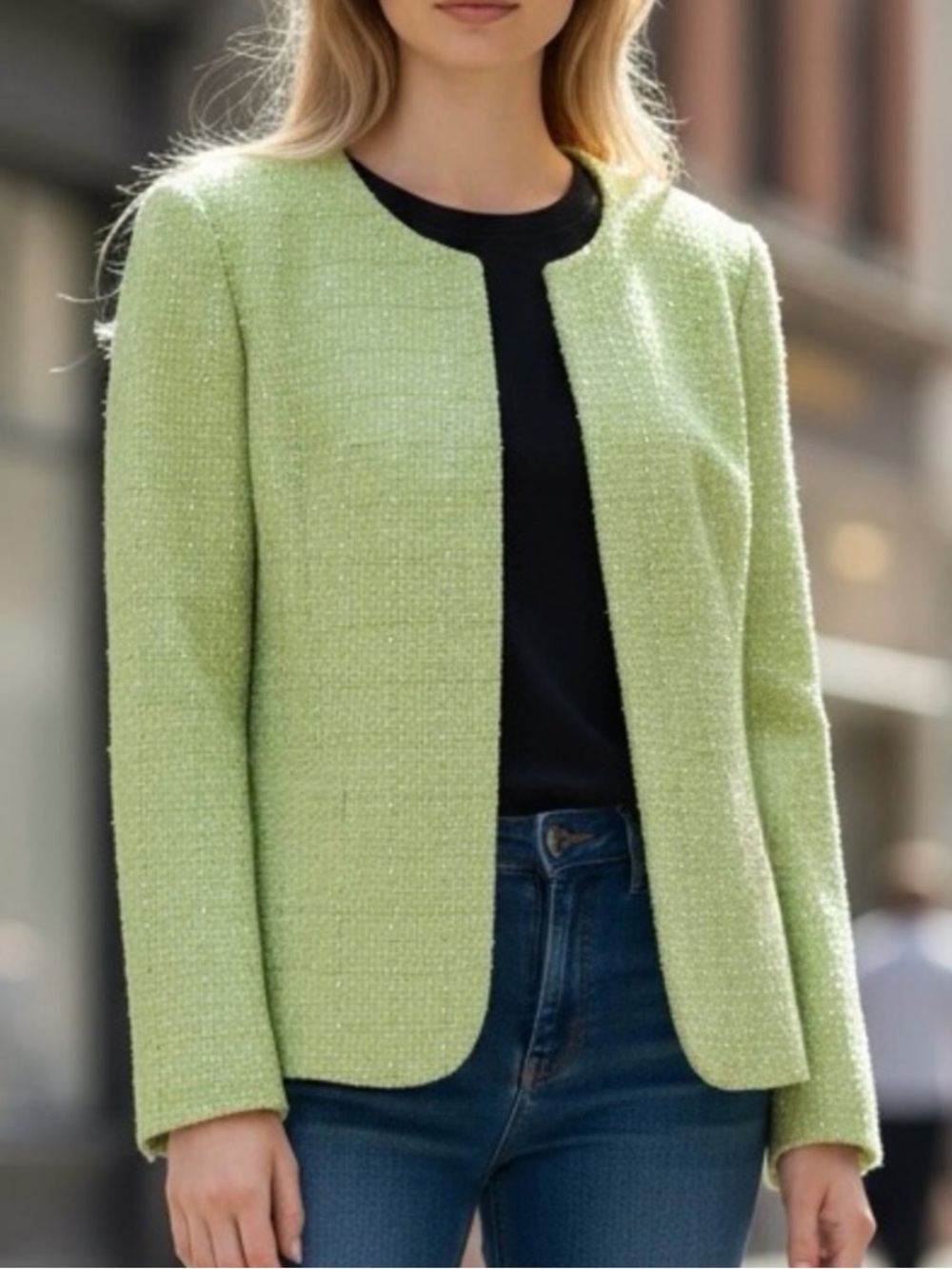 Anne Klein Women L Mint Green Sparkle Plaid Tweed Open Front Blazer Jacket NWT
